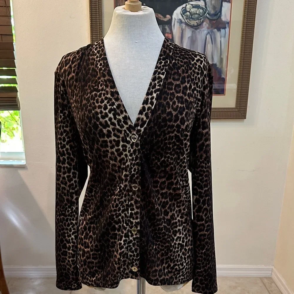 Michael Kors Leopard Print Button Down Cardigan w/Gold Buttons Size Medium